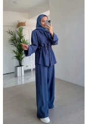 Ka Hijab Relaxed Cut Gather Detailed Suit - Indigo