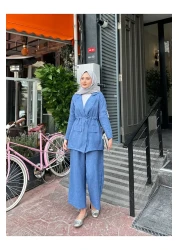 VOLT CLOTHİNG Women's Waist Drawstring Linen Jacket Pants Set