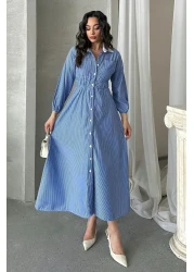 MD trend Women's Striped Buttoned Collar Garnished Waist Elastic Long Dress