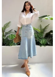 ZAROLİ Women's Flared Maxi Length Long Denim Skirt