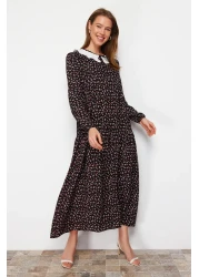  Modest Black Patterned Scallop Lacing Collar Detailed Viscose Dress TCTSS21EL3655