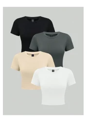 ÖZ PAMUK Women's 4-Piece Ribbed Cotton Fabric Crew Neck Knitted Crop T-Shirt