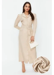  Modest Linen Look Button Woven Shirt Dress with Stone Belt Tctss24Eb00017