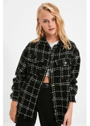  Collection Black Plaid Pocket Detailed Tweed Woven Jacket Shirt TWOAW21GO0087