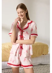  Collection Pink 100% Cotton Ribbon/Bowknot Ruffle Shorts Knitted Pajamas Set Thmss25Pt00293