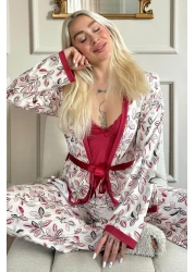 Pijamaevi Red Flore Exclusive Knitted Women's Pajamas Set with Dressing Gown