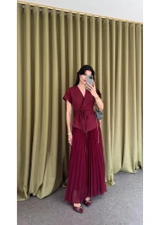 HAZELANNA Pleated Burgundy Vest-Skirt Suit