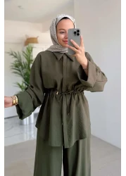 Ka Hijab Relaxed Cut Gather Detailed Suit - Khaki