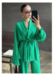 My Blog Green Shawl Collar Kimono Pants Set - 98655