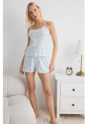  Collection طقم بيجامة محبوك من القطن 100% باللون الأزرق مع شورتات مخرمة/مثقوبة THMSS25PT00082