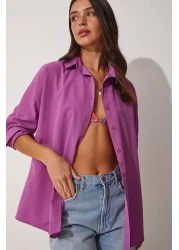 Happiness İstanbul قميص أساسي طويل كبير الحجم للنساء باللون الأرجواني المتوسط DD00842