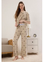  Collection Mint Heart Slogan Rubber Detailed Ribbed Knitted Pajamas Set Thmss24Pt00404