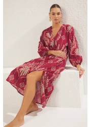  Collection فستان شاطئ طويل منسوج بأكمام طويلة من القطن بنسبة 100% مع طباعة عرقية TBESS25EL00019