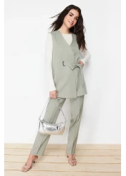  Modest Khaki Accessory Detailed Woven Fabric Vest Trousers Top and Bottom Set TCTSS24US00035