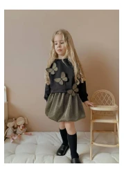 YİGİT BUTİK Butterfly Detailed Glitter Balloon Skirt Girl's Bottom and Top Set
