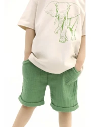 BALKABAĞI Elephant Stone Color T-shirt Green Muslin Shorts Set TYE0031
