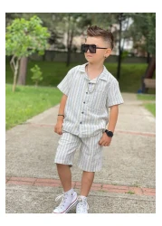 Uslukids بدلة علوية سفلية مخططة من القطن للأولاد