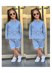 yns coolstar New Season Summer Lycra - Cotton Flower Embroidered Denim Shorts and Jacket 2-Piece Set