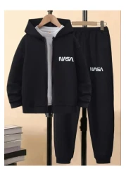 Renna Mood Black NASA Printed Girls/Boys Cardigan Tracksuit Set
