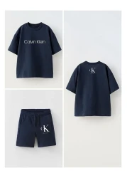 morpembej kadın erkek çocuk New Season Children's Shorts Suit Navy Blue