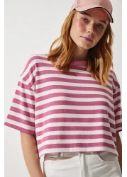 Happiness İstanbul Women's Dried Rose Crew Neck Striped Crop Knitted T-Shirt CR00427