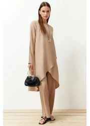  Modest Beige Asymmetrical Woven Tunic Trousers Top and Bottom Set TCTSS24US00074