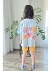 My Baby's World Flower Pattern Puffy Print Blue Tshirt Sun Yellow Biker Leggings Girl's Summer Suit Mtyk0057