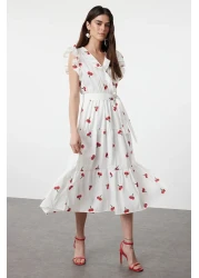  Collection Multicolored Floral Cherry Belted A-Line Double Breasted Collar Lining Woven Dress Twoss24El00914