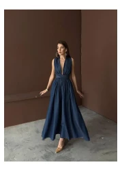 369 etnik butik فستان طويل بفتحة رقبة على شكل حرف V عميقة وخصر مجمّع (فستان طويل)