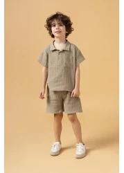 Minipodyum Boy's Placket Shirt Shorts Muslin Summer Double Set