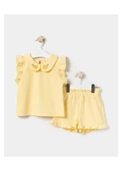 Minipodyum Baby Girl Baby Collared Shorts Summer Waffle Double Set