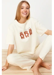  Collection Beige 100% Cotton Teddy Bear Pajama Set - T-Shirt and Pants Thmss23Pt00134