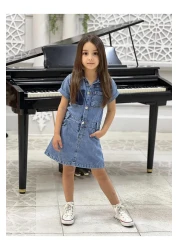yns coolstar New Season Girl's Pocket Front Button Short Sleeve Cotton Denim Jeans Dress