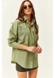 Olalook Women's Mold Green Oversize Shirt with Staple Pocket Detail GML-19001167