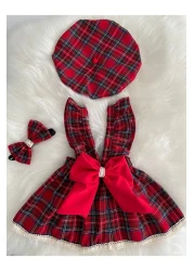 Moda Lina Baby Girl Ruched Red Plaid Dress Bandana Hat Set