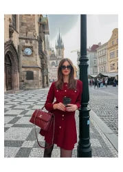 Alegre Gold Buttoned Knitwear Claret Red Pleated Cardigan Skirt Suit Is Suitable for Size Xs-S.