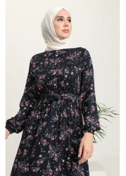 sefamerve فستان فيسكوز أزرق كحلي - نمط الأزهار 5068-04