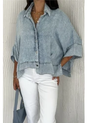 FEMELLE قميص بونشو من قماش الدنيم باللون الأزرق مقاس قياسي للنساء