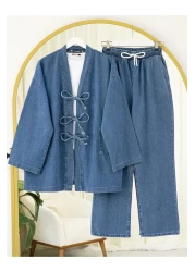 Modamorfo Jeans Kimono Suit with Tie Front Pockets and Trousers - Dark Blue