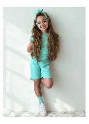 özge başaran طقم بناتي من Mint مكون من 4 قطع - شورت مكشكش، تي شيرت، جوارب، شريط