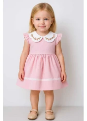 VİYOLİNA Collar Embroidered Linen Luxury Dress