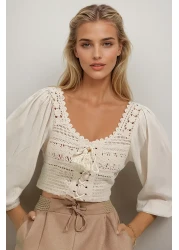 Trend Alaçatı Stili Women's Ecru Oval Collar Front Lace Up Linen Blocked Crochet Blouse ALC-X9196