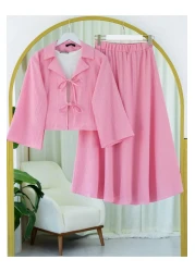 Modamorfo Crinkle Suit with Tie Front Skirt - Pink