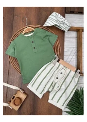 Lino Baby Summer Combination Striped Shorts and Hat Plain T-Shirt Shoulder Snap Fastener Baby Boy Set