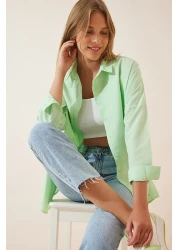 Happiness İstanbul قميص أساسي طويل كبير الحجم باللون الأخضر الفاتح للسيدات DD00842