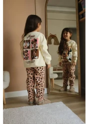 Lolliboomkids طقم بناتي شتوي ميني مطبوع بتفاصيل خلفية على شكل الفهد، طقم علوي سفلي مكون من قطعتين