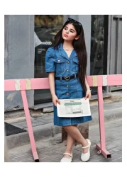 Ribbon kids Girl's Heart Belted Buttoned Denim Dress