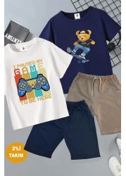 twins tailors طقم تي شيرت صيفي للأطفال مكون من قطعتين مع وحدة تحكم ألعاب وطبعة تيدي