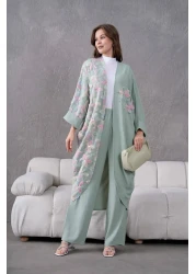 Miss Allos Women's Front Tulle Floral Embroidered Stone Detailed Linen Kimono and Pants Bottom Top Set