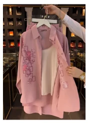 CLASSY.MODA Three-Piece Set - Shirt, Pants and Tank Top Scale Embroidered